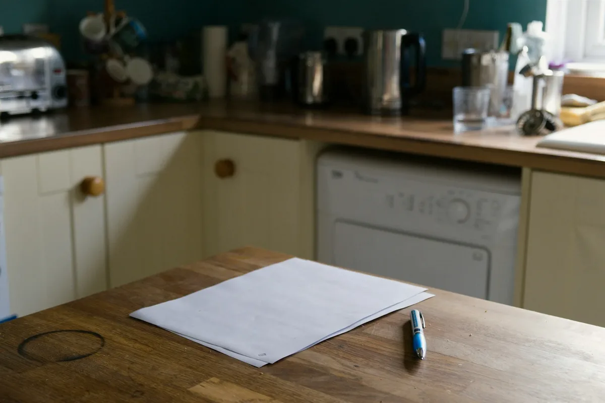 Sheet of paper and a pen on a timber kitchen table Sheet of paper and a pen on a timber kitchen table