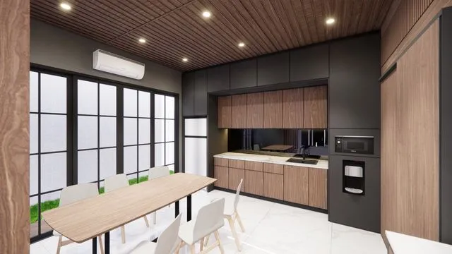 Modern kitchen with built-in oven, split-system air conditioner and timber cabinetry
