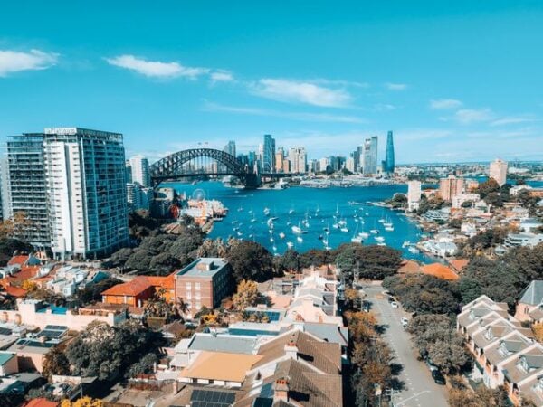 Aerial view of Sydney residential properties and harbour, Australia