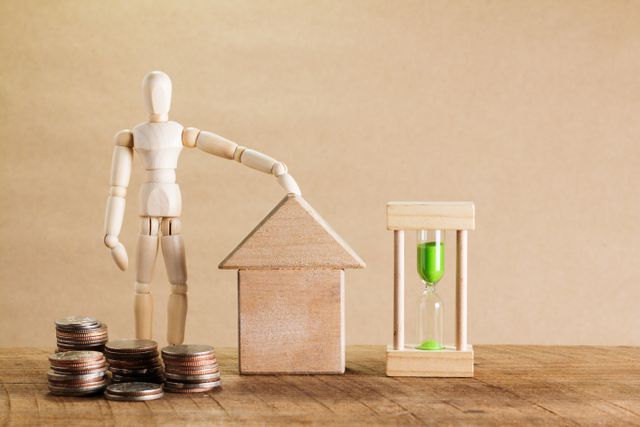 SMSF Property Valuations: How Often Does Your Fund Actually Need One? » smsf property valuations A wooden figure beside a small house model, an hourglass and stacked coins, representing property value changing over time