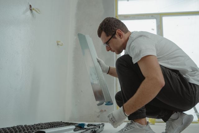 Tradesperson plastering an interior wall during a property renovation